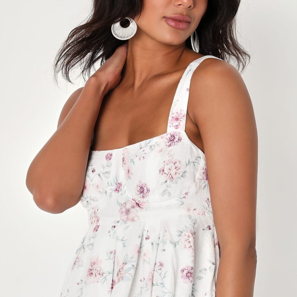 Lulus Flirty Blossom White Floral Print Sleeveless Babydoll‎ Dress View 4